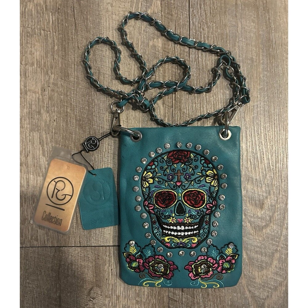 Ladies Small Sugar Skull Leather Cross Body P & G Purse Aqua Bedazzle Bling Boho